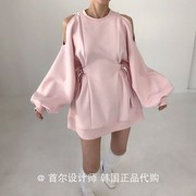 2twomoon韩国2023春装圆领露肩灯笼袖搭扣，高腰显瘦连衣裙