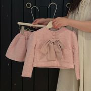 韩国童装2023春秋款女童甜美蝴蝶结外套气质半身裙儿童小香风套装