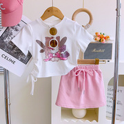 女童纯棉卡通休闲套装夏款2023洋气宝宝短袖上衣半身裙两件套