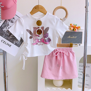 女童纯棉卡通休闲套装，夏款2023洋气宝宝，短袖上衣半身裙两件套
