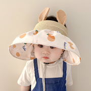 儿童防晒帽子夏季男女童遮阳防紫外线可爱超萌遮阳草编空顶帽