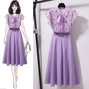 小香风套装裙夏季2024洋气，轻熟风港味紫色，雪纺衫半身裙两件套