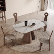 侘寂风实木伸缩餐桌圆形家用可折叠拉伸旋转意式北欧哑光岩板圆桌