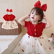 抓周服女宝宝夏装女童连衣裙一周岁礼服婴儿红色公主裙蓬蓬纱洋气