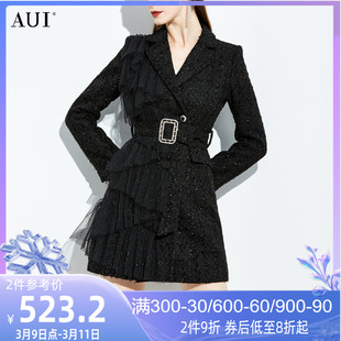 AUI小香风气质加厚西装外套女冬2023不规则设计黑色修身大衣