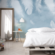 壁画蓝色羽毛清新艺术墙纸简约墙布，手绘轻奢客厅电视背景墙壁纸