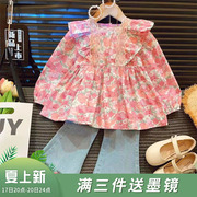 韩韩良品女童套装2024春季儿童，碎花衬衫+樱桃牛仔裤两件套潮
