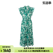 suncoo24春夏绿色碎花，图案甜美减龄小飞袖，设计女士长款连衣裙