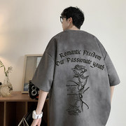 深灰色麂皮绒短袖t恤男夏季美式复古体恤潮牌重磅青少年半袖