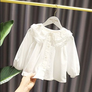 女童春装衬衫2022小儿童纯棉长袖衬衣女宝宝娃娃领白色上衣潮