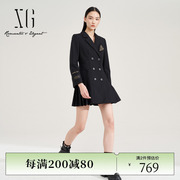 XG雪歌双排扣黑色长袖连衣裙2023秋季贴布设计中长款西装裙女