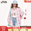 妖精的口袋粉色格纹宽松长袖衬衫女2025年夏季新款蝴蝶结开叉设计