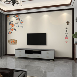 墙纸3d立体中式柿柿如意电视背景墙壁纸客厅壁布沙发壁画卧室墙布