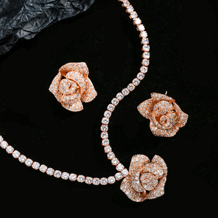 金色玫瑰花锆石项链，耳环欧美时尚流行耳钉影楼，新娘饰品闪
