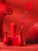 结婚喜庆乔迁现代简约陶瓷，中国红花瓶，客厅婚房装饰品摆件插花
