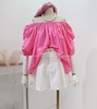 粉色娃娃衫2024夏季韩国女装，衬衫宽松显白一字领露肩温柔仙气上衣