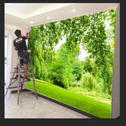3d立体影视墙纸绿色树林，电视背景墙壁纸风景壁画，客厅卧室无缝墙布