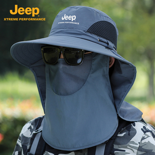 jeep吉普遮阳帽男夏季户外钓鱼防晒面罩，渔夫披肩遮脸男士太阳帽子