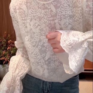 韩系超仙刺绣蕾丝立领设计套头衬衫女秋冬气质白色时尚钩花新上衣