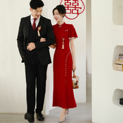 晨袍新中式旗袍大码敬酒服新娘结婚旗袍红色，改良订婚礼服女季