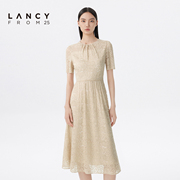 lancy悦朗姿女装，2023夏季圆领蕾丝收腰短袖连衣裙子女百褶裙