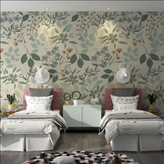 美式田园手绘植物叶子客厅背景墙，壁纸壁布卧室床头环保墙纸壁画