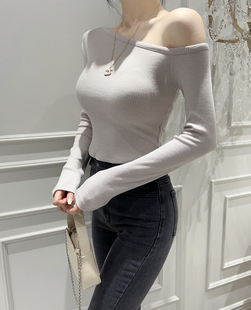韩国东大门时尚舒适潮流女装性感斜肩一字领气质紧身长袖T恤