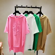 香港粉色大码短袖t恤女夏装连帽蝙蝠衫，中长款米奇刺绣体恤裙