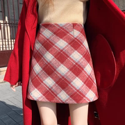 红色格子毛呢半身裙女小个子，秋冬季大码胖mm梨形，身材包臀a字短裙