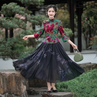 蕴诗坊复古手工优雅花色棉麻中式国风旗袍式改良时尚上衣