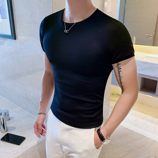 夏季个性时尚修身短袖，男t恤韩版紧身圆领，打底衫白t血桖潮半袖