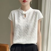 夏季薄款中国风立领短袖T恤女2024新中式复古蕾丝镂空小上衣
