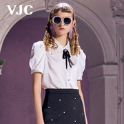 VJC/威杰思春夏女装娃娃领系带短袖衬衫商务通勤上衣