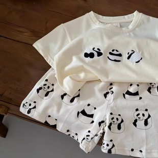 儿童套装夏季2023男女童熊猫，短袖t恤宝宝夏装休闲满印短裤潮
