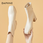 达芙妮高跟短靴女2023秋冬加绒粗跟方头法式小踝靴白色瘦瘦靴
