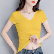 V领鸡心领短袖t恤女2024夏季纯棉修身姜黄色体恤纯色半袖上衣