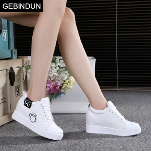 gebindu秋季白色内增高8cm平底高跟休闲鞋透气女鞋运动鞋板鞋帆布