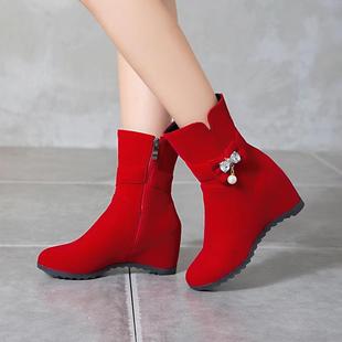 冬季婚鞋女2022年红鞋坡跟结婚高跟鞋内增高新娘红色秋冬短靴