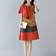 2023夏季韩版民族风女装，大码宽松短袖拼接中长款棉麻连衣裙