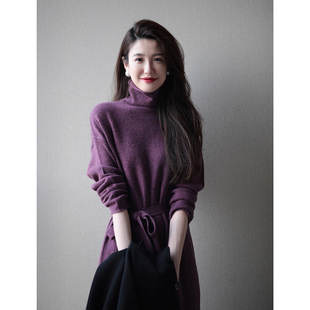 %100羊绒画朴气质紫罗兰色针织连衣裙冬季时尚系带收腰毛衣裙