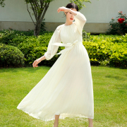 美妃高端仙女灯笼袖百褶长袖米，白色连衣裙女2023收腰春夏季薄