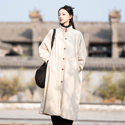 新中式棉服女冬复古中国风盘扣棉麻夹棉外套，宽松保暖长款棉衣