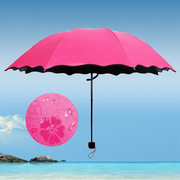 创意拱形三折雨伞遇水开花公主伞折叠伞黑胶波浪边遮阳伞太阳伞