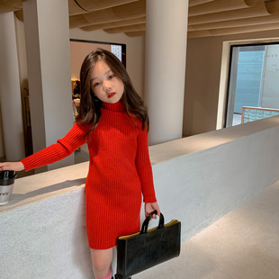 韩版女童红色针织连衣裙秋冬洋气儿童宝宝内搭长款高领打底毛衣裙