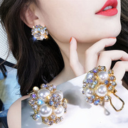 银针时尚珍珠满钻花朵大耳钉夸张气质网红耳饰，韩国个性奢华耳环女