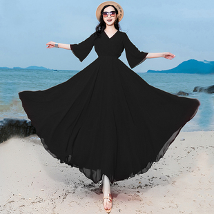 黑色沙滩裙2024长雪纺连衣裙，显瘦遮肉波西米亚，长裙夏季到脚踝