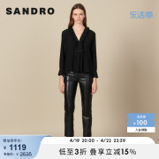 SANDRO Outlet女装法式荷叶花边V领桑蚕丝黑色长袖衬衫SFPTO00227