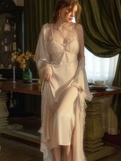 法式真丝睡衣女两件套2024年春秋，宫廷风性感，蕾丝吊带睡裙套装长款