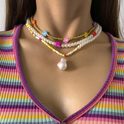 3条一套花朵米珠珍珠项链套装，民族风彩色串珠多层叠，戴锁骨(戴锁骨)链