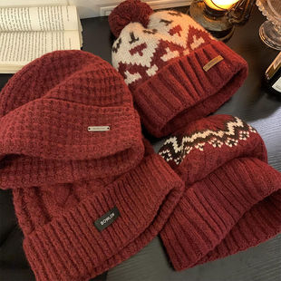 新年圣诞红色毛线帽女冬季2023显脸小保暖防寒护耳针织帽冷帽